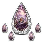 Personalized Tree of Life Straight Drop urn, 10 inch large Urn with 4 Keepsake 3 Inch Urns; matching example portrait and full memorial dates