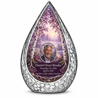 Personalized Tree of Life Straight Drop urn, 10 inch large Urn; matching example portrait and full memorial dates
