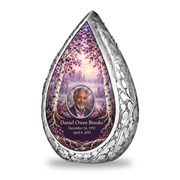 Personalized Tree of Life Straight Drop urn, 1 Keepsake 3 inch Urn; matching example portrait and full memorial dates