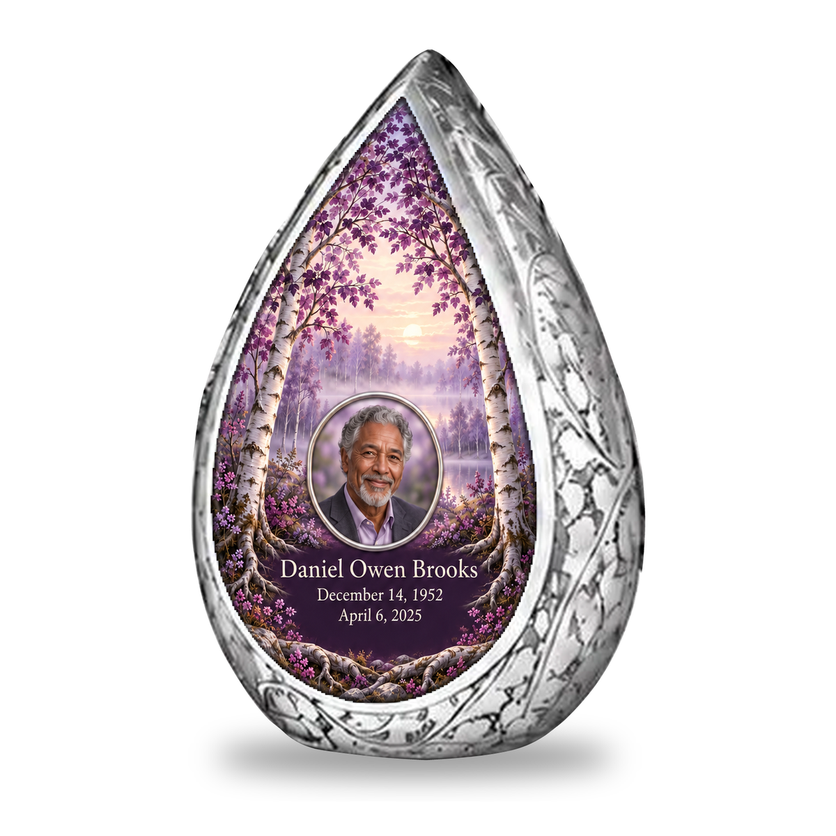 Personalized Tree of Life Straight Drop urn, 1 Keepsake 3 inch Urn; matching example portrait and full memorial dates