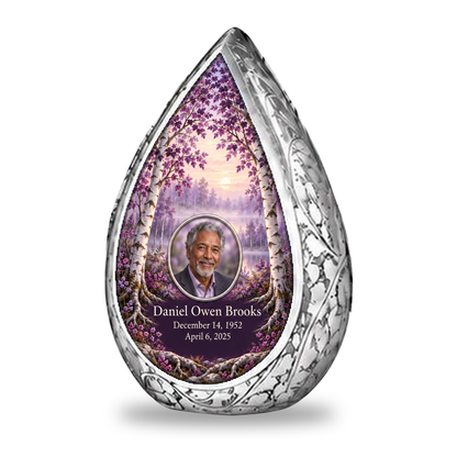Personalized Tree of Life Straight Drop urn, 1 Keepsake 3 inch Urn; matching example portrait and full memorial dates