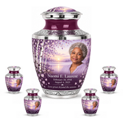 Personalized Tree of Life Tasty urn, 10 inch large Urn with 4 Keepsake 3 Inch Urns; matching example portrait and full memorial dates