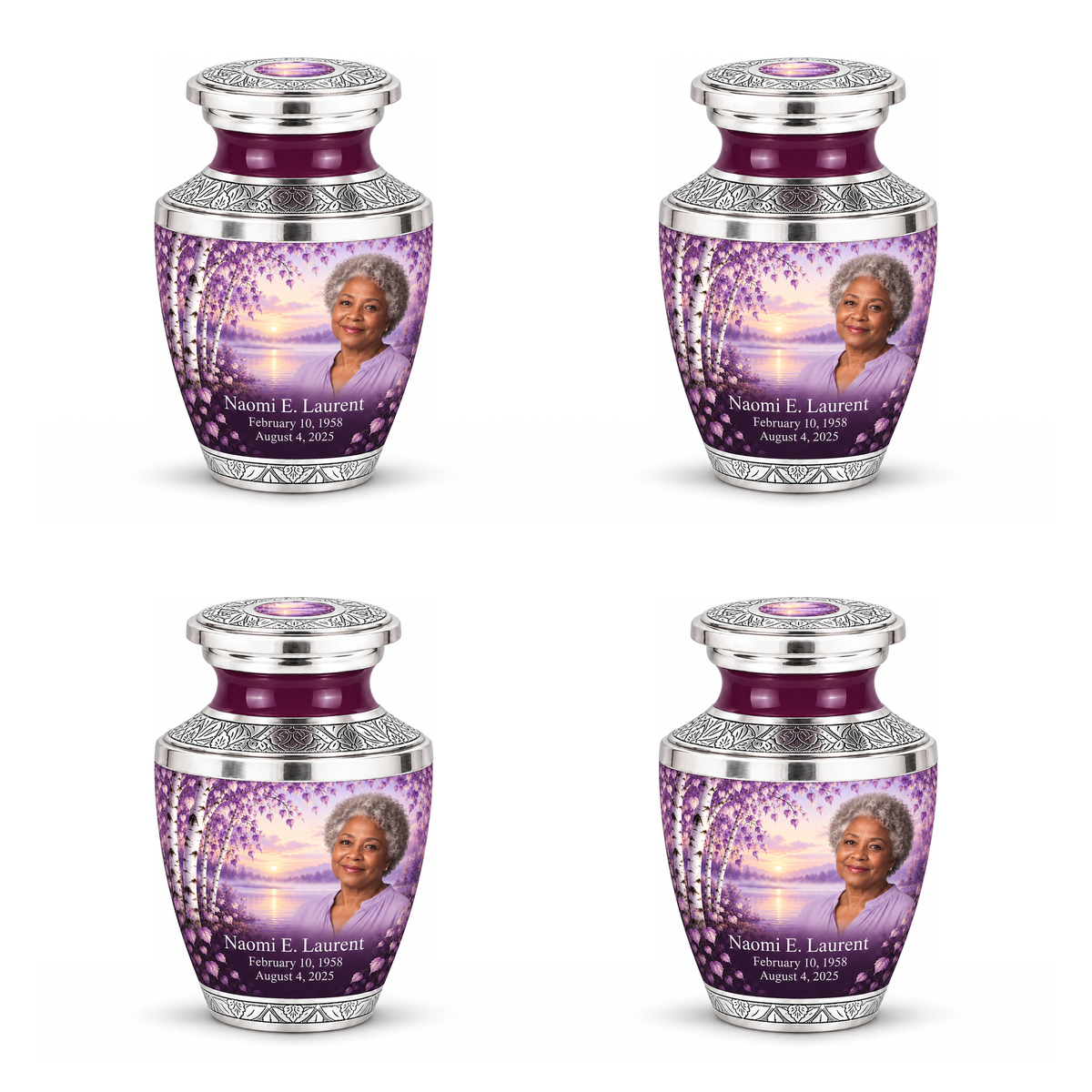 Personalized Tree of Life Tasty urn, 4 Keepsake 3 inch Urns; matching example portrait and full memorial dates