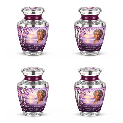 Personalized Tree of Life Tasty urn, 4 Keepsake 3 inch Urns; matching example portrait and full memorial dates