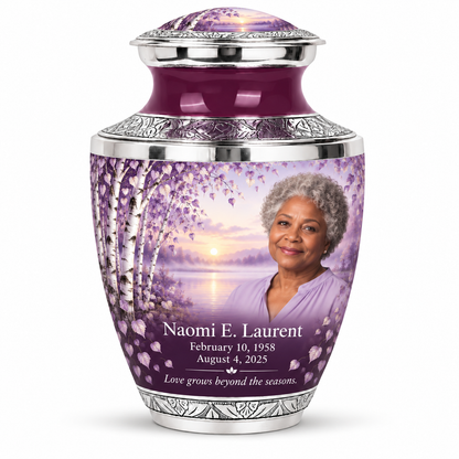 Personalized Tree of Life Tasty urn, 10 inch large Urn; matching example portrait and full memorial dates