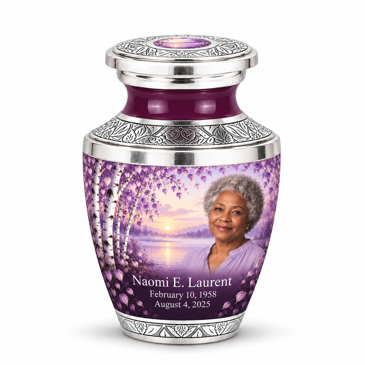 Personalized Tree of Life Tasty urn, 1 Keepsake 3 inch Urn; matching example portrait and full memorial dates