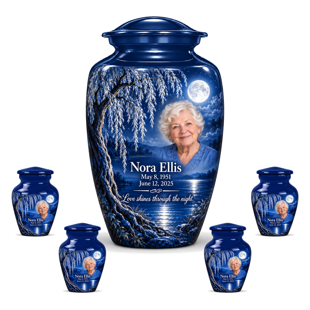 Personalized Tree of Life Classic urn, 10 inch large Urn with 4 Keepsake 3 Inch Urns; fictional portrait example