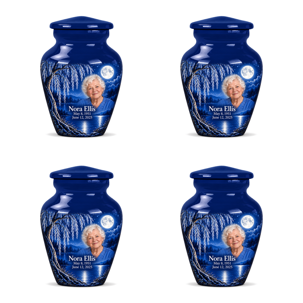 Personalized Tree of Life Classic urn, 4 Keepsake 3 inch Urns; fictional portrait example
