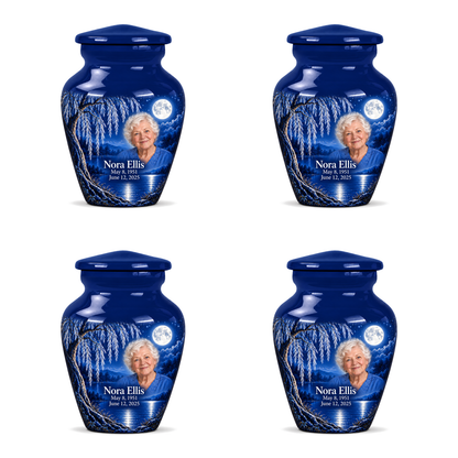 Personalized Tree of Life Classic urn, 4 Keepsake 3 inch Urns; fictional portrait example