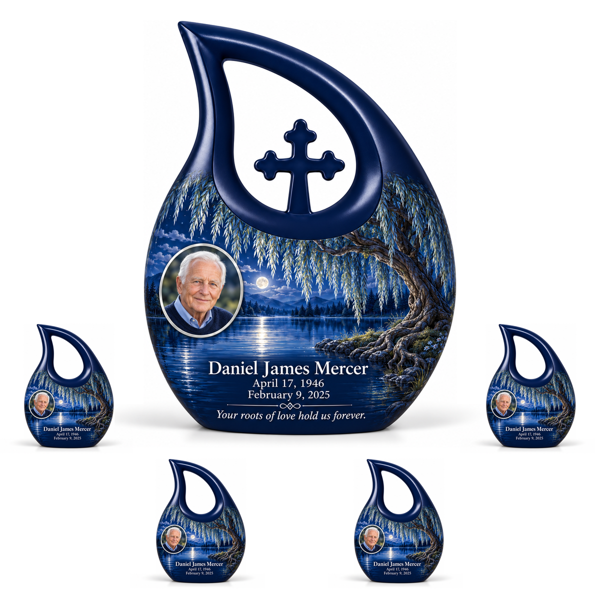 Personalized Tree of Life Cross Drop urn, 10 inch large Urn with 4 Keepsake 3 Inch Urns; matching example portrait and full memorial dates
