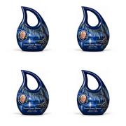 Personalized Tree of Life Cross Drop urn, 4 Keepsake 3 inch Urns; matching example portrait and full memorial dates