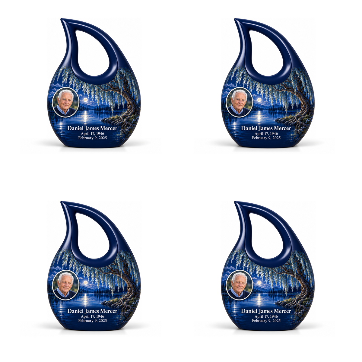 Personalized Tree of Life Cross Drop urn, 4 Keepsake 3 inch Urns; matching example portrait and full memorial dates