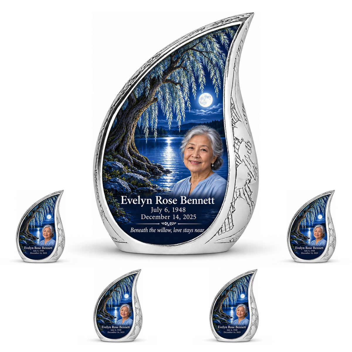 Personalized Tree of Life Curved Drop urn, 10 inch large Urn with 4 Keepsake 3 Inch Urns; matching example portrait and full memorial dates