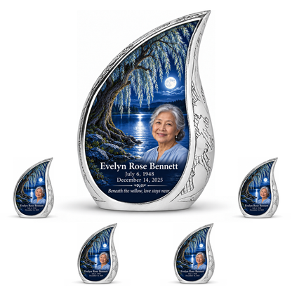 Personalized Tree of Life Curved Drop urn, 10 inch large Urn with 4 Keepsake 3 Inch Urns; matching example portrait and full memorial dates