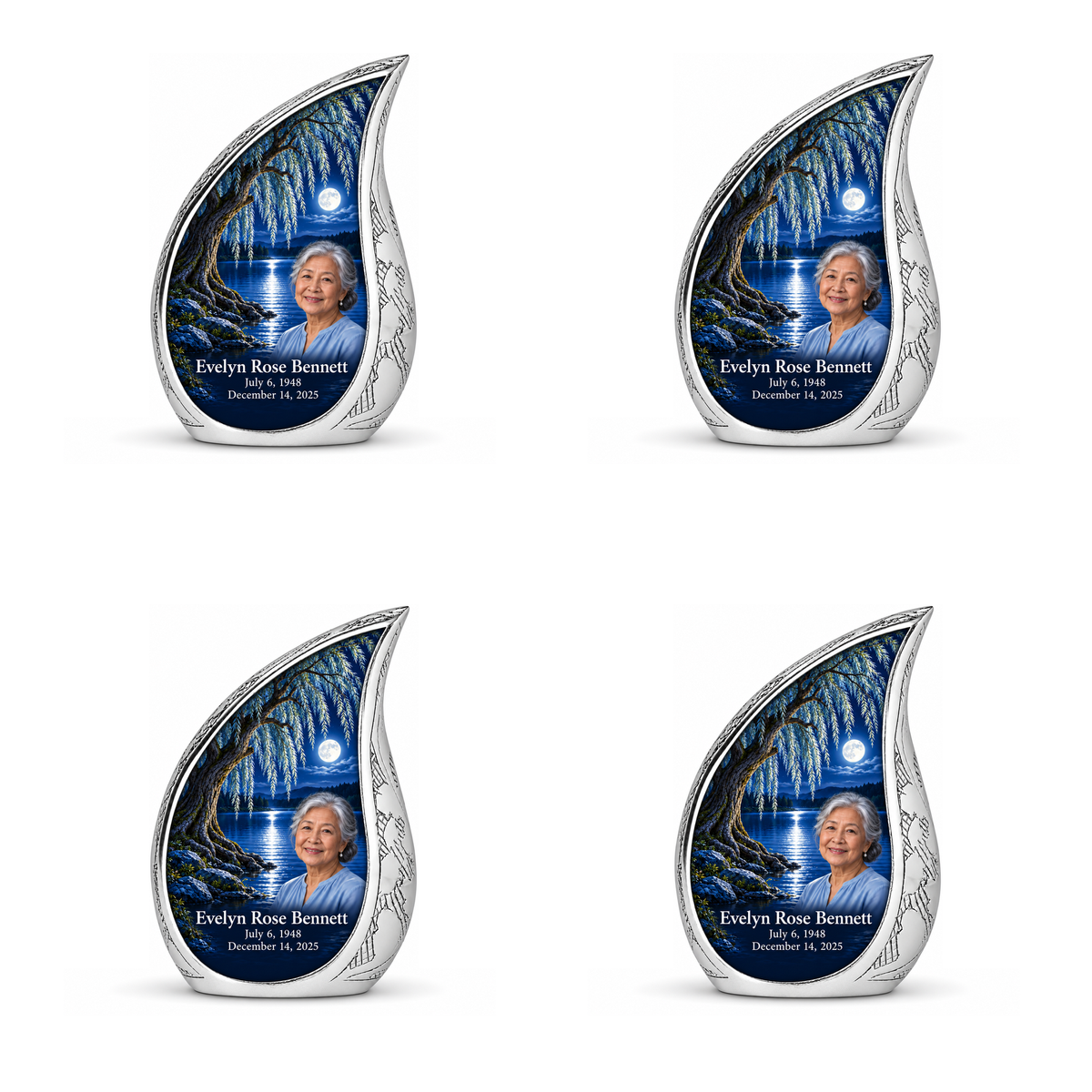 Personalized Tree of Life Curved Drop urn, 4 Keepsake 3 inch Urns; matching example portrait and full memorial dates