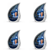 Personalized Tree of Life Curved Drop urn, 4 Keepsake 3 inch Urns; matching example portrait and full memorial dates