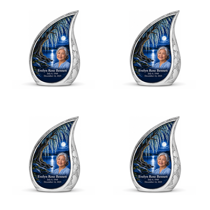 Personalized Tree of Life Curved Drop urn, 4 Keepsake 3 inch Urns; matching example portrait and full memorial dates