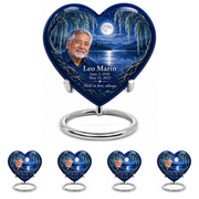 Personalized Tree of Life Heart urn, 10 inch large Urn with 4 Keepsake 3 Inch Urns; matching example portrait and full memorial dates