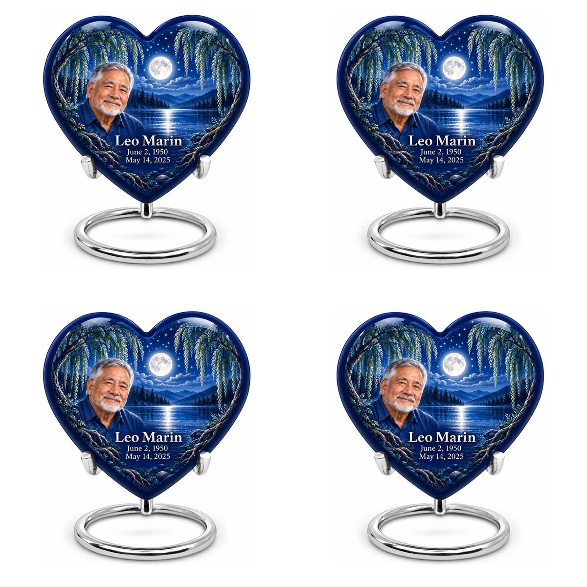 Personalized Tree of Life Heart urn, 4 Keepsake 3 inch Urns; matching example portrait and full memorial dates