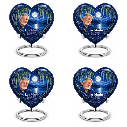 Personalized Tree of Life Heart urn, 4 Keepsake 3 inch Urns; matching example portrait and full memorial dates