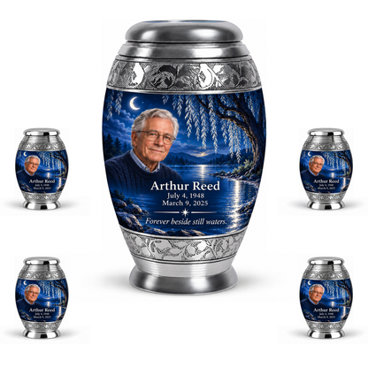 Personalized Tree of Life Monar urn, 10 inch large Urn with 4 Keepsake 3 Inch Urns; fictional portrait example