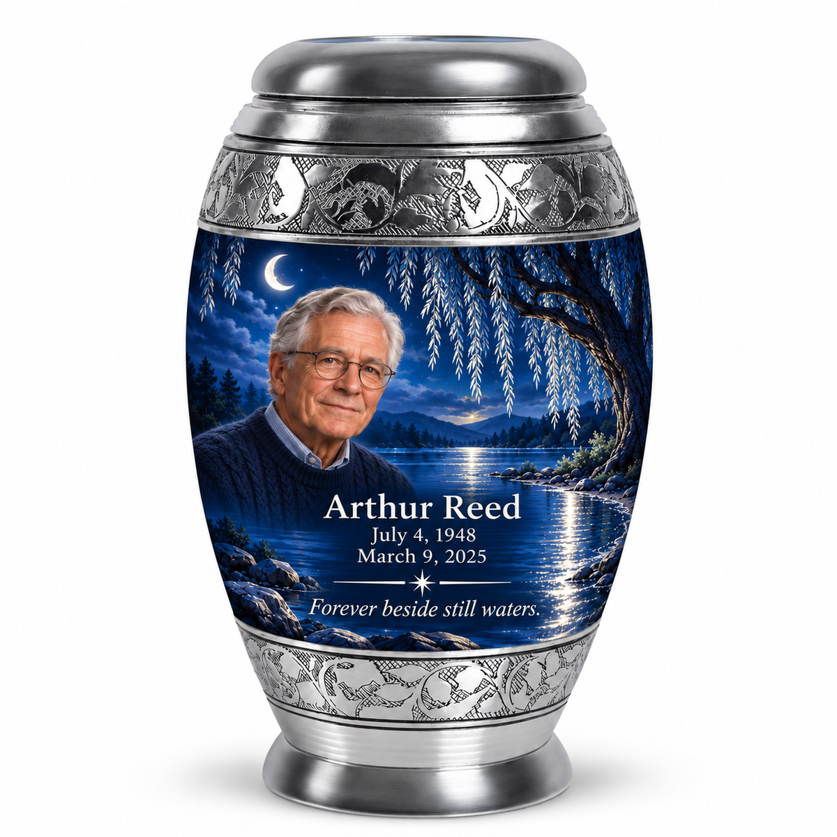 Personalized Tree of Life Monar urn, 10 inch large Urn; fictional portrait example