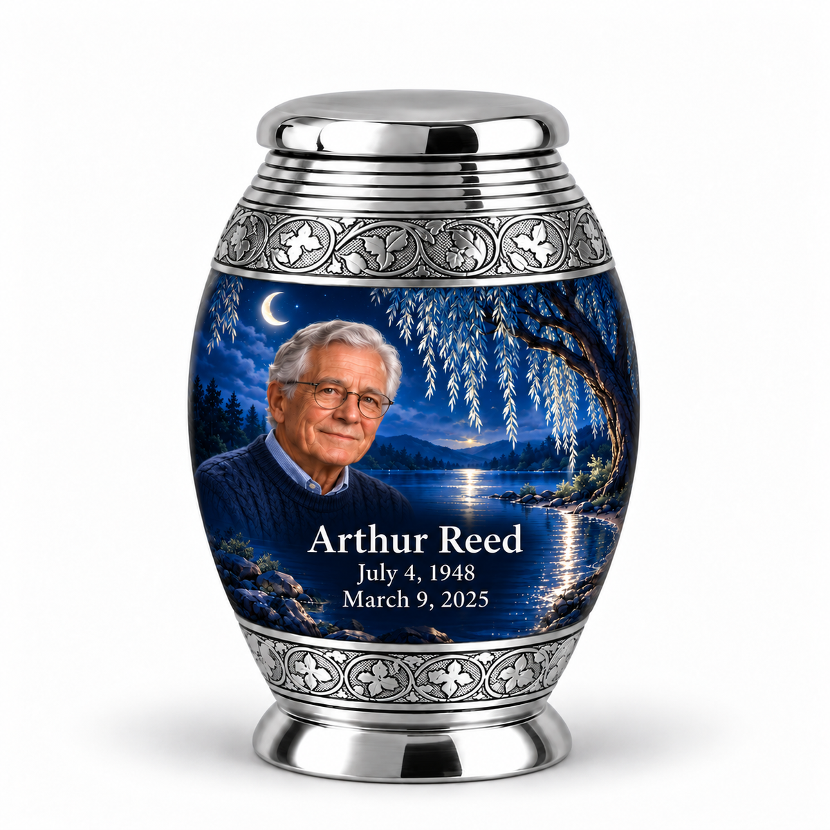 Personalized Tree of Life Monar urn, 1 Keepsake 3 inch Urn; fictional portrait example