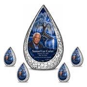 Personalized Tree of Life Straight Drop urn, 10 inch large Urn with 4 Keepsake 3 Inch Urns; matching example portrait and full memorial dates