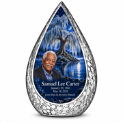 Personalized Tree of Life Straight Drop urn, 10 inch large Urn; matching example portrait and full memorial dates