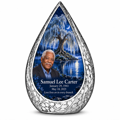 Personalized Tree of Life Straight Drop urn, 10 inch large Urn; matching example portrait and full memorial dates