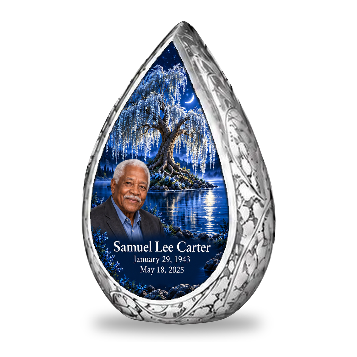 Personalized Tree of Life Straight Drop urn, 1 Keepsake 3 inch Urn; matching example portrait and full memorial dates