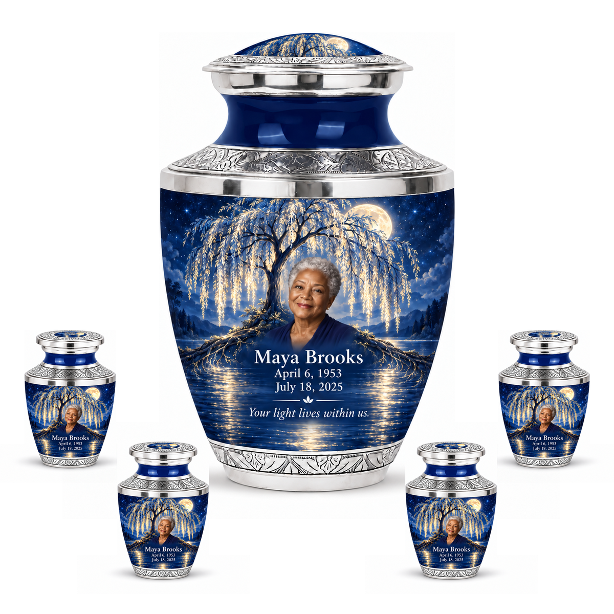Personalized Tree of Life Tasty urn, 10 inch large Urn with 4 Keepsake 3 Inch Urns; matching example portrait and full memorial dates