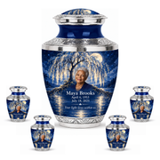 Personalized Tree of Life Tasty urn, 10 inch large Urn with 4 Keepsake 3 Inch Urns; matching example portrait and full memorial dates