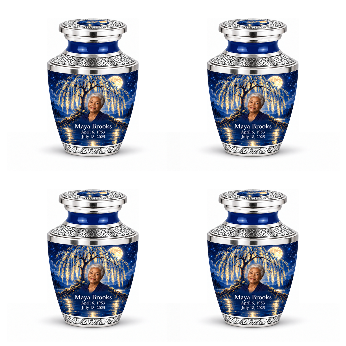Personalized Tree of Life Tasty urn, 4 Keepsake 3 inch Urns; matching example portrait and full memorial dates