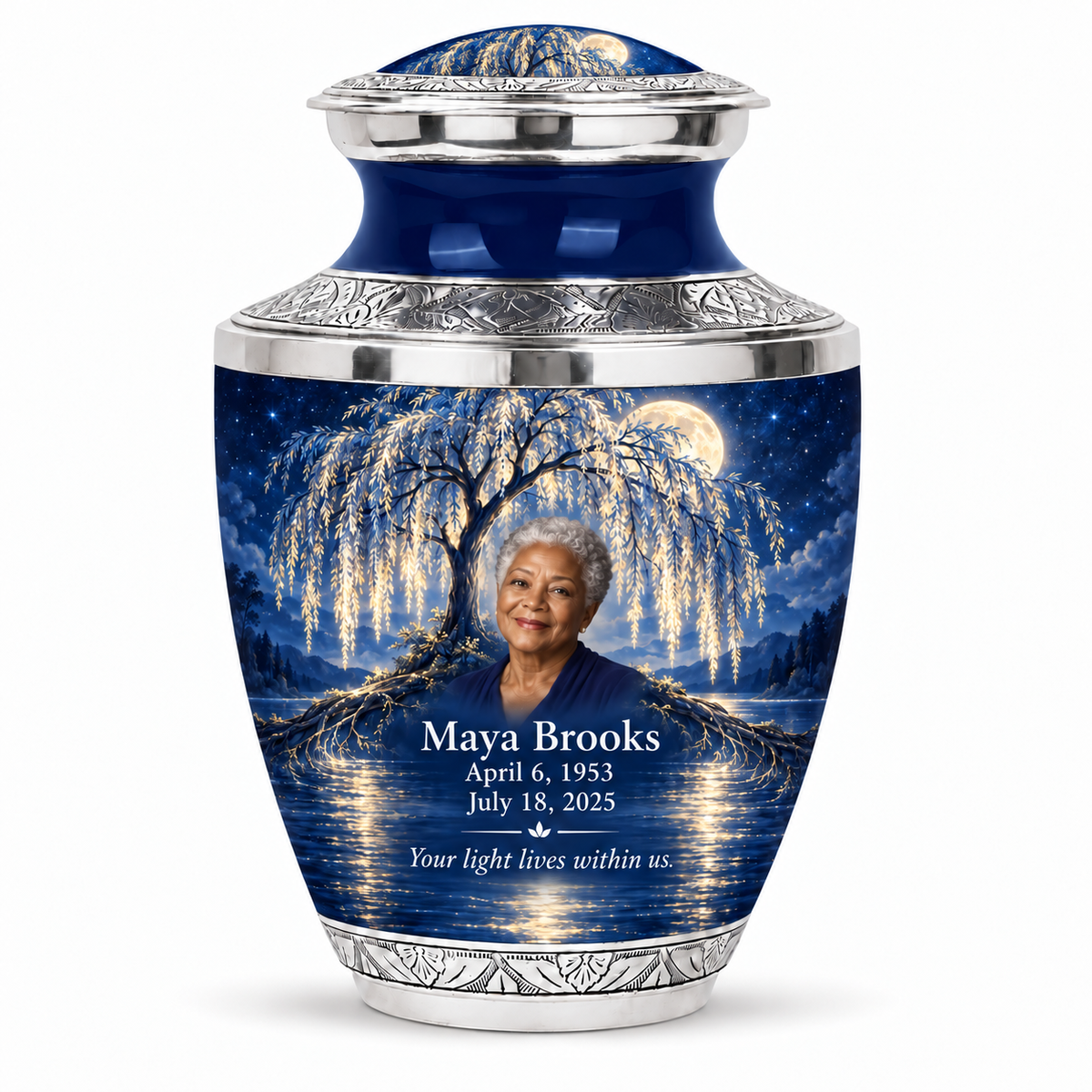 Personalized Tree of Life Tasty urn, 10 inch large Urn; matching example portrait and full memorial dates