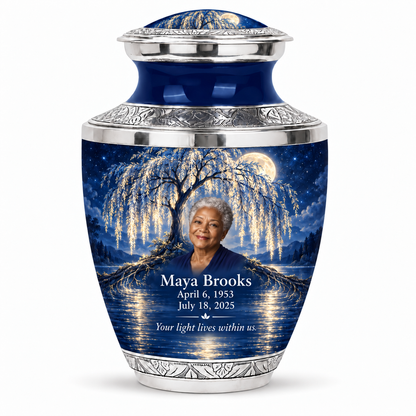Personalized Tree of Life Tasty urn, 10 inch large Urn; matching example portrait and full memorial dates