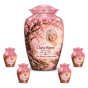 Personalized Tree of Life Classic urn, 10 inch large Urn with 4 Keepsake 3 Inch Urns; fictional portrait example