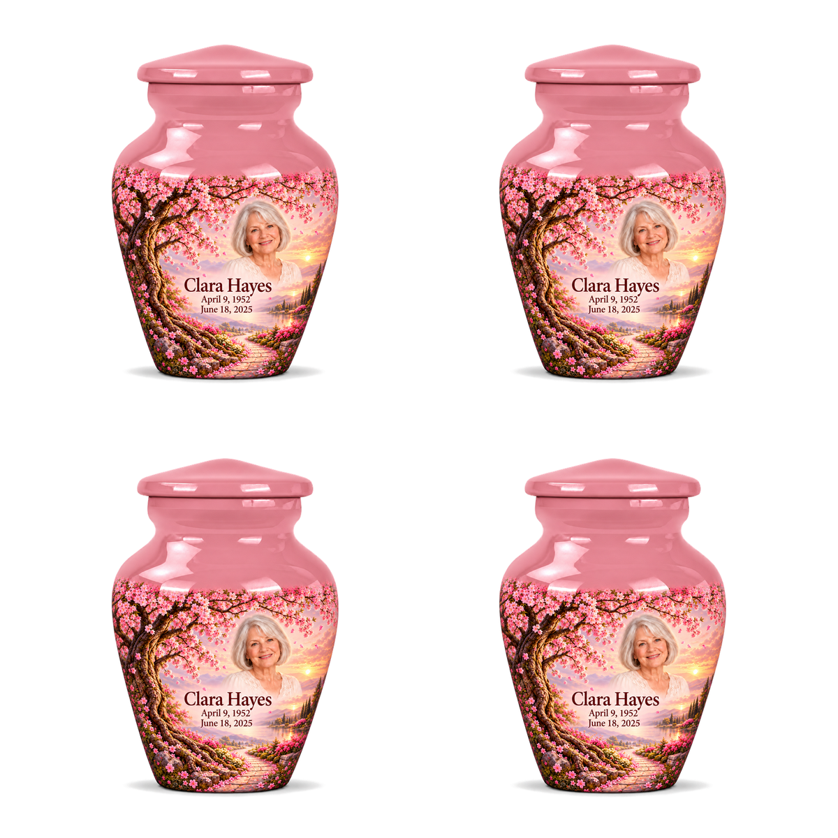 Personalized Tree of Life Classic urn, 4 Keepsake 3 inch Urns; fictional portrait example