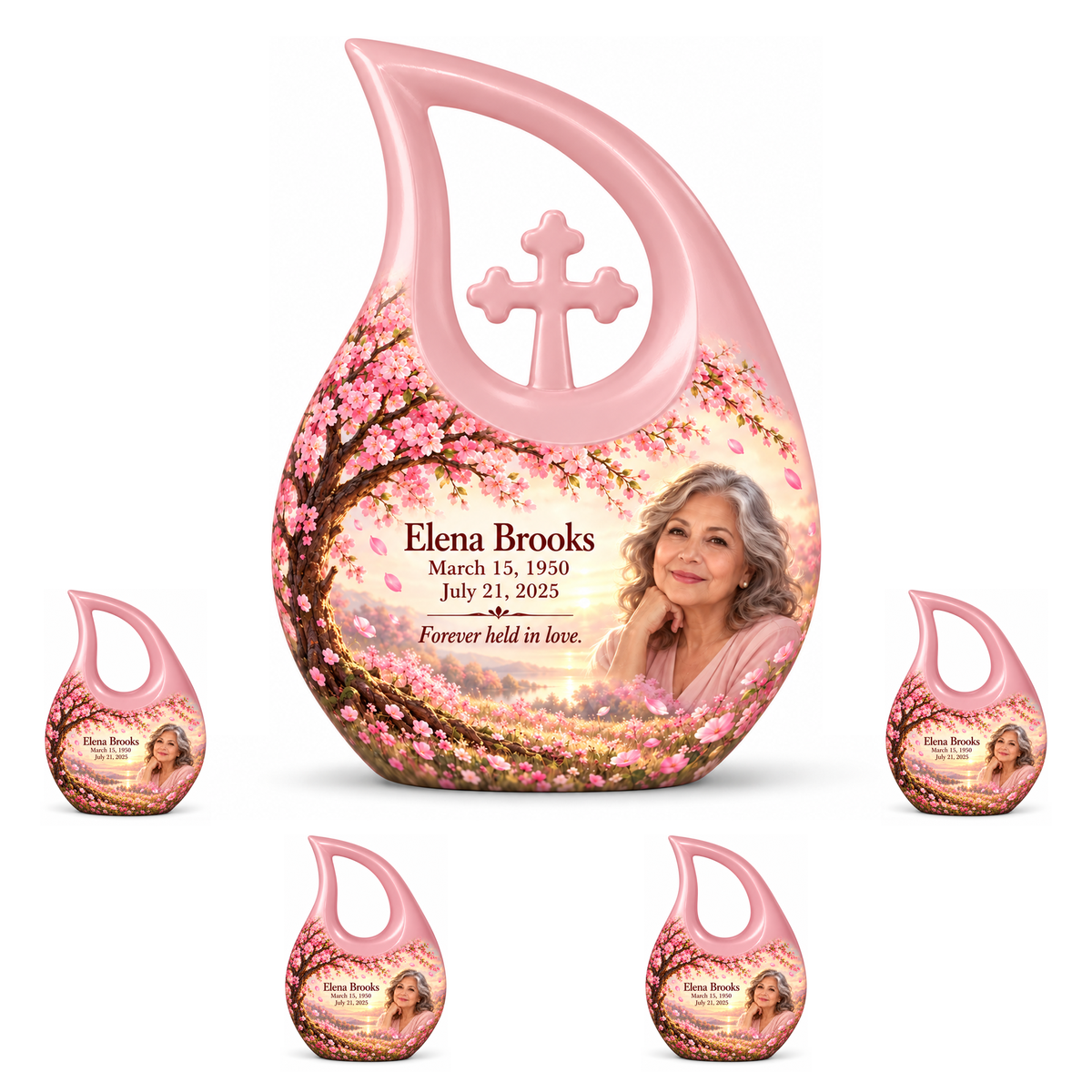 Personalized Tree of Life Cross Drop urn, 10 inch large Urn with 4 Keepsake 3 Inch Urns; matching example portrait and full memorial dates