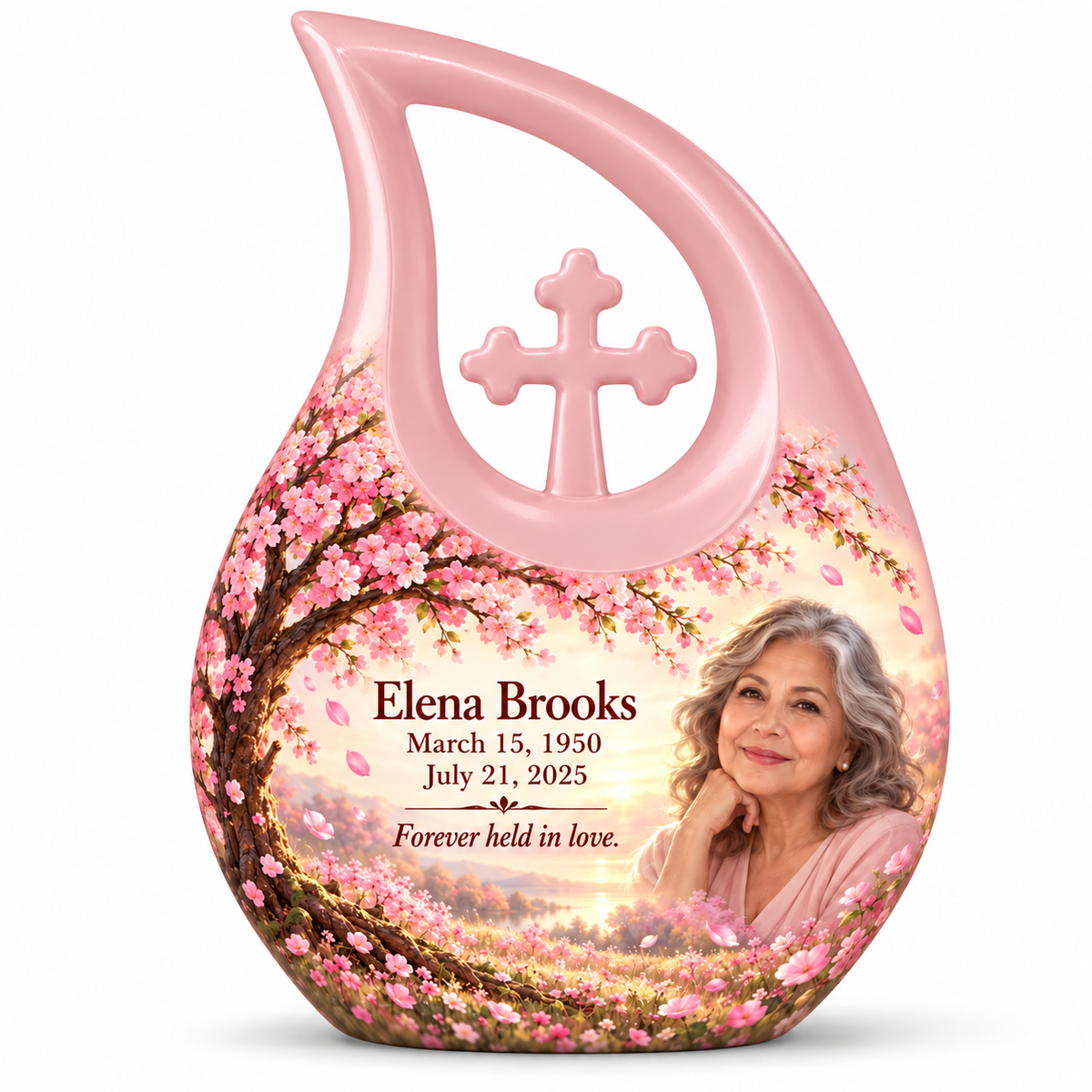 Personalized Tree of Life Cross Drop urn, 10 inch large Urn; matching example portrait and full memorial dates