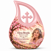 Personalized Tree of Life Cross Drop urn, 10 inch large Urn; matching example portrait and full memorial dates
