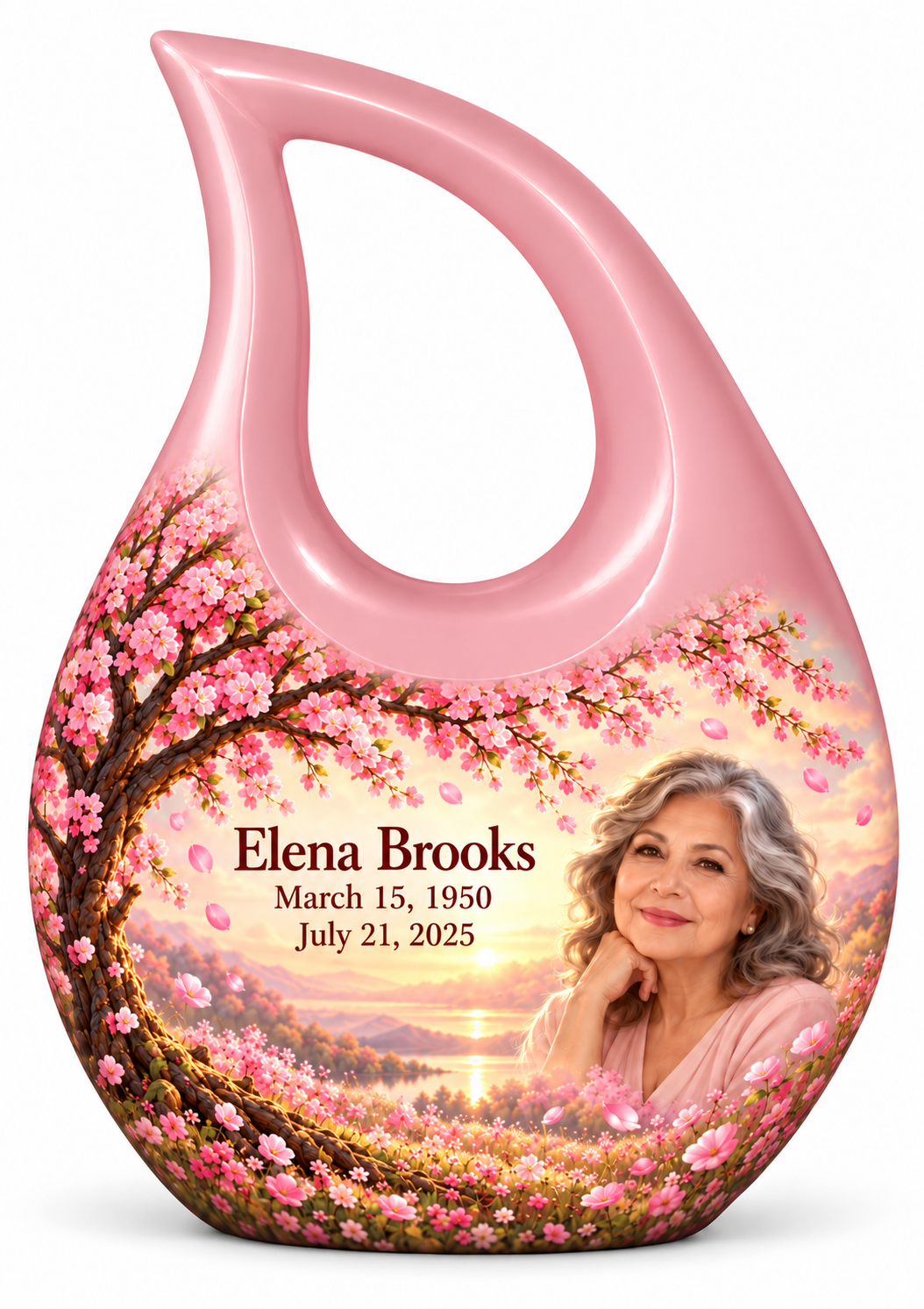 Personalized Tree of Life Cross Drop urn, 1 Keepsake 3 inch Urn; matching example portrait and full memorial dates