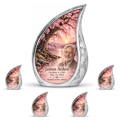 Personalized Tree of Life Curved Drop urn, 10 inch large Urn with 4 Keepsake 3 Inch Urns; matching example portrait and full memorial dates