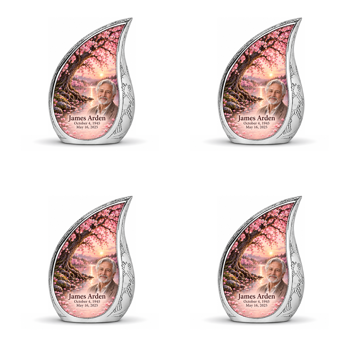 Personalized Tree of Life Curved Drop urn, 4 Keepsake 3 inch Urns; matching example portrait and full memorial dates