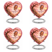 Personalized Tree of Life Heart urn, 4 Keepsake 3 inch Urns; matching example portrait and full memorial dates