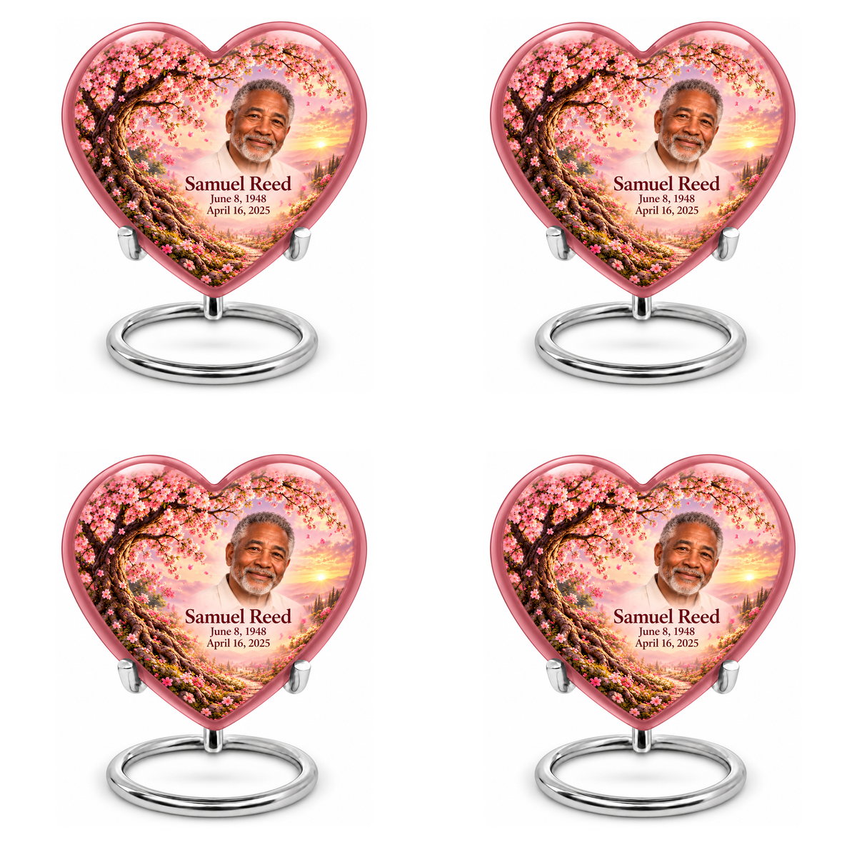 Personalized Tree of Life Heart urn, 4 Keepsake 3 inch Urns; matching example portrait and full memorial dates