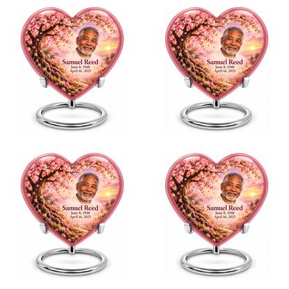 Personalized Tree of Life Heart urn, 4 Keepsake 3 inch Urns; matching example portrait and full memorial dates