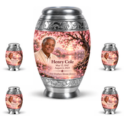 Personalized Tree of Life Monar urn, 10 inch large Urn with 4 Keepsake 3 Inch Urns; matching example portrait and full memorial dates