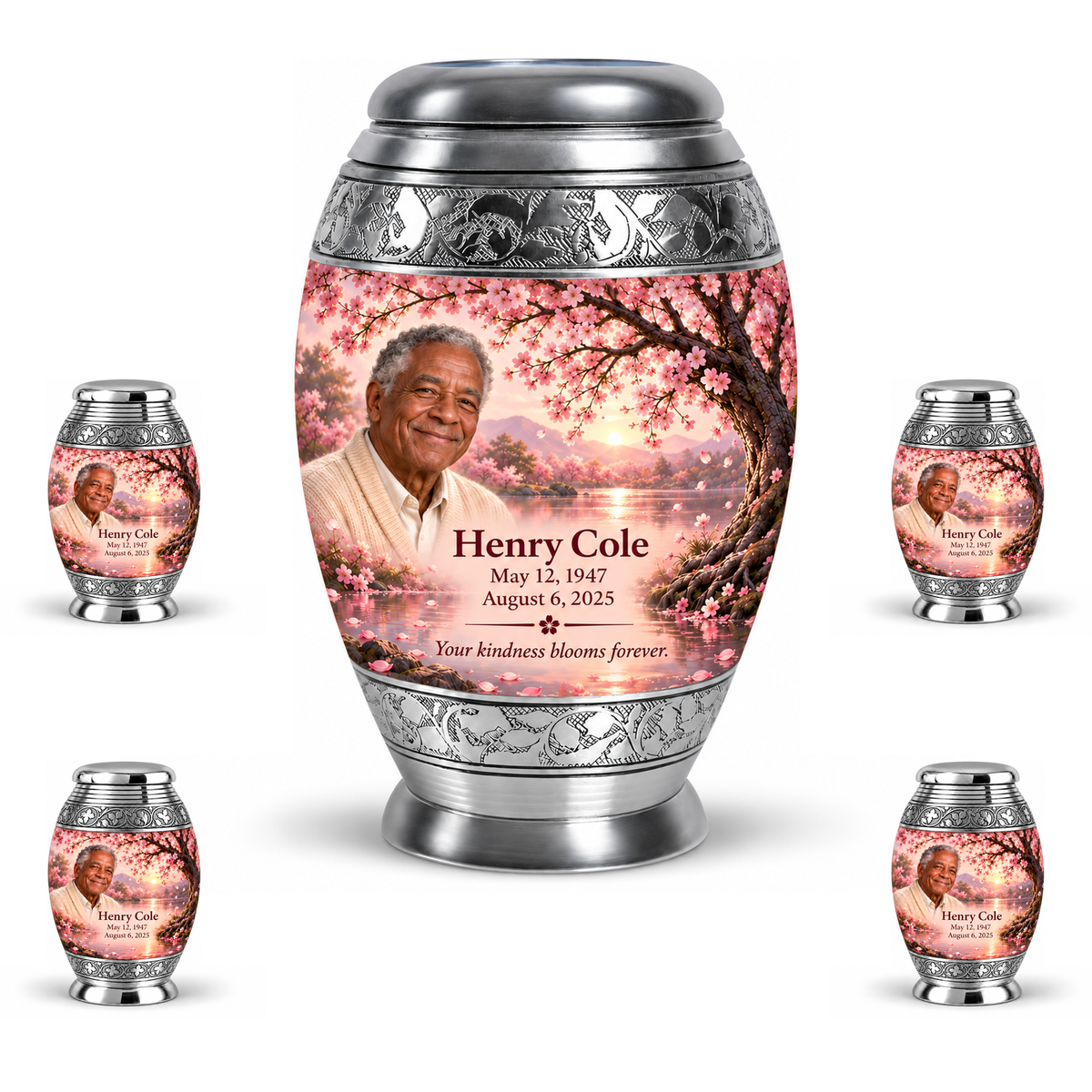 Personalized Tree of Life Monar urn, 10 inch large Urn with 4 Keepsake 3 Inch Urns; matching example portrait and full memorial dates