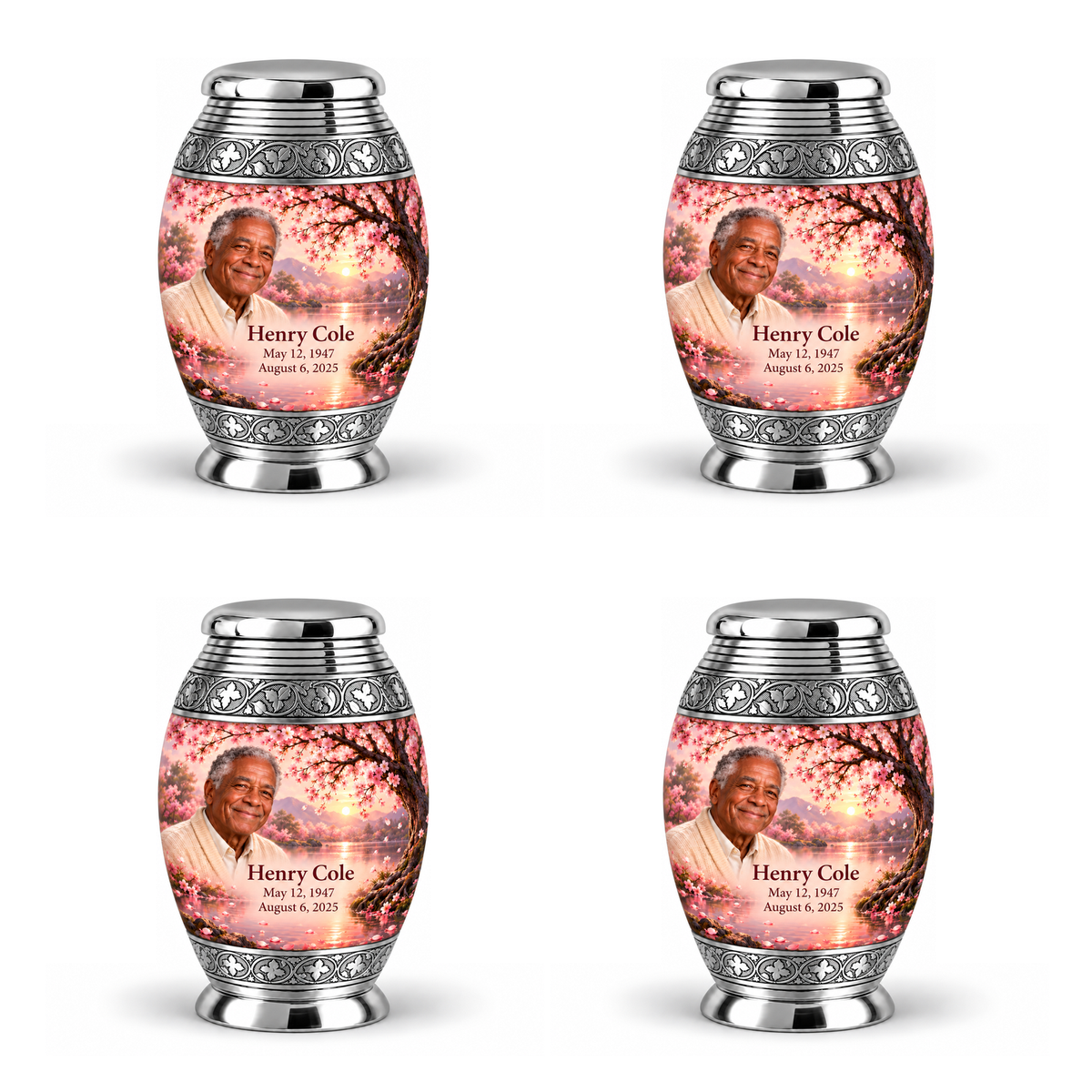 Personalized Tree of Life Monar urn, 4 Keepsake 3 inch Urns; matching example portrait and full memorial dates